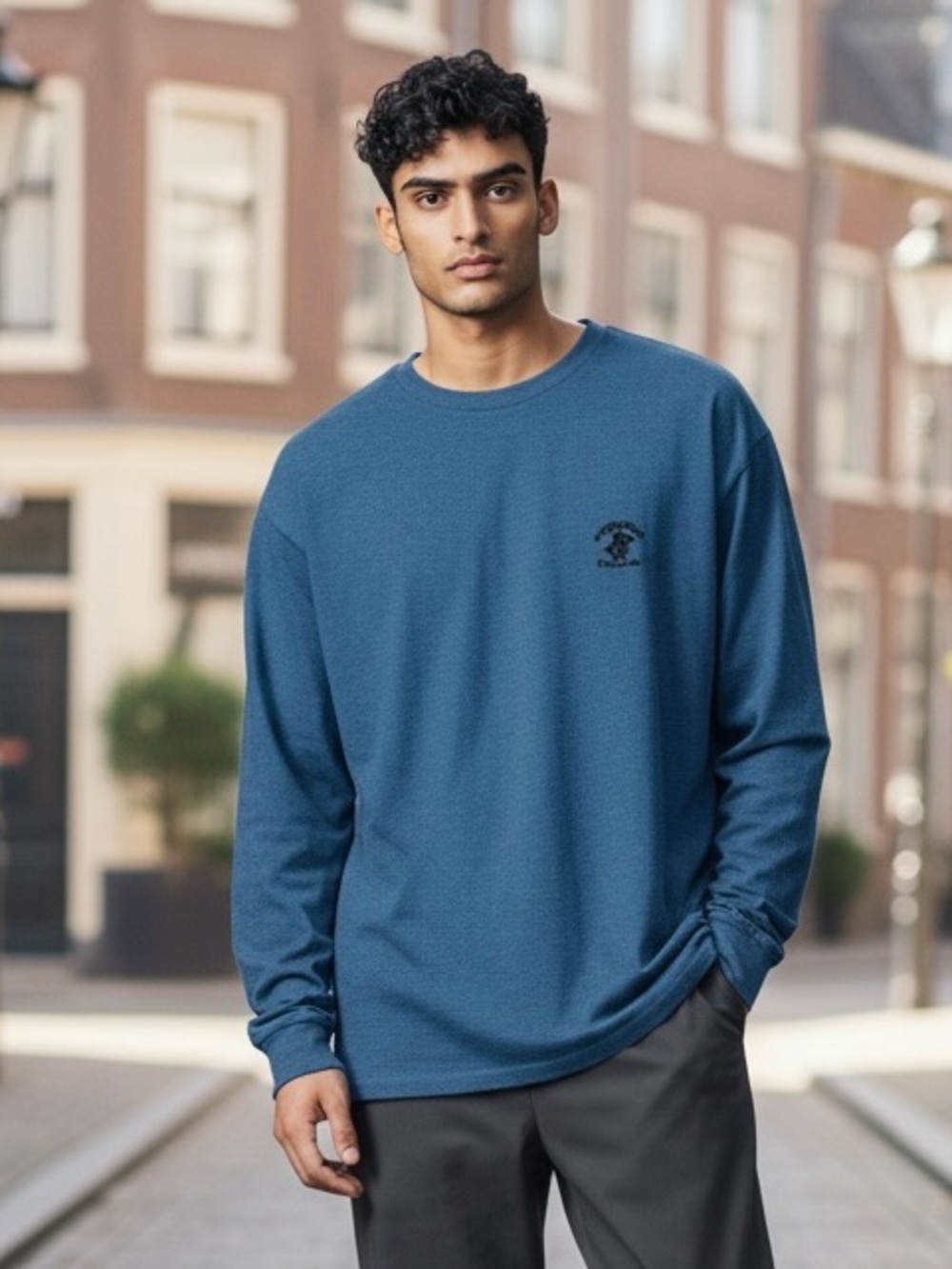 Beverly Hills Polo Club Men's Teal-Blue Long Sleeve Crewneck Shirt